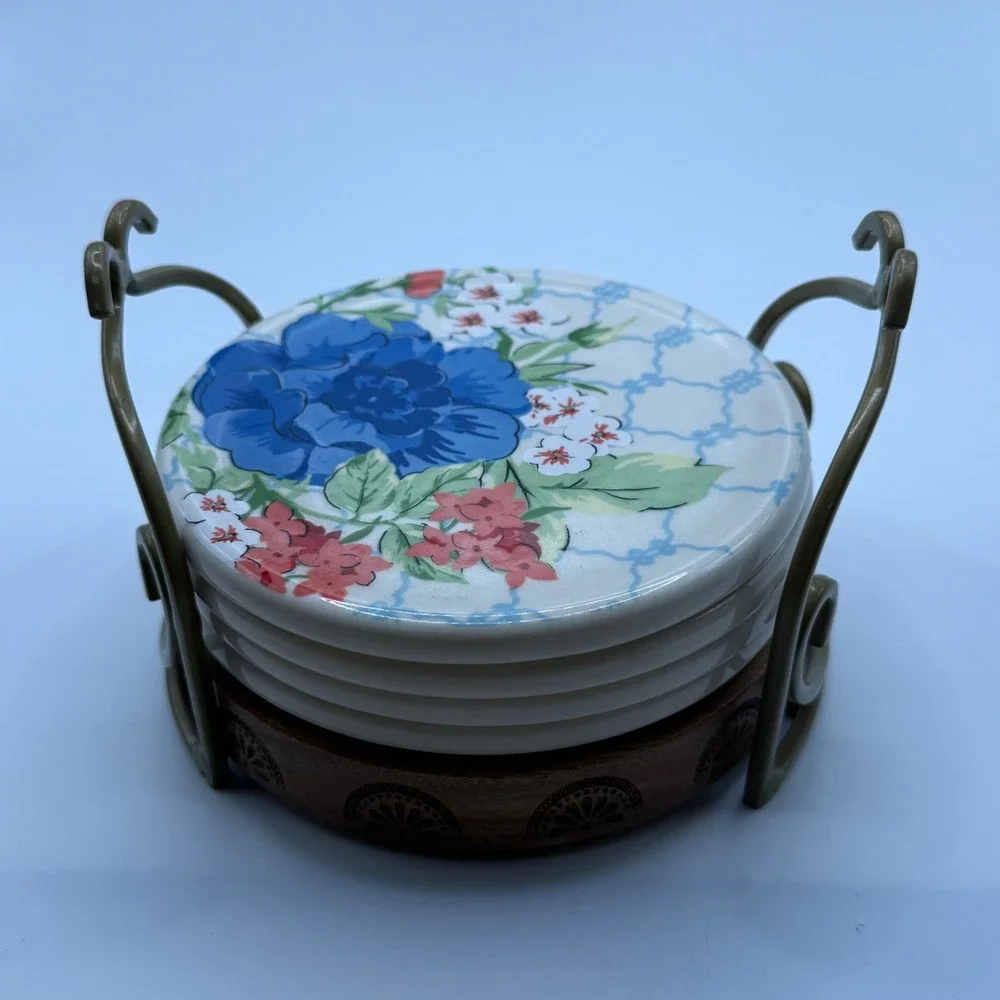 Pioneer Woman Floral Ceramic Coasters Set of 4 with Wood and Metal Holder Caddy